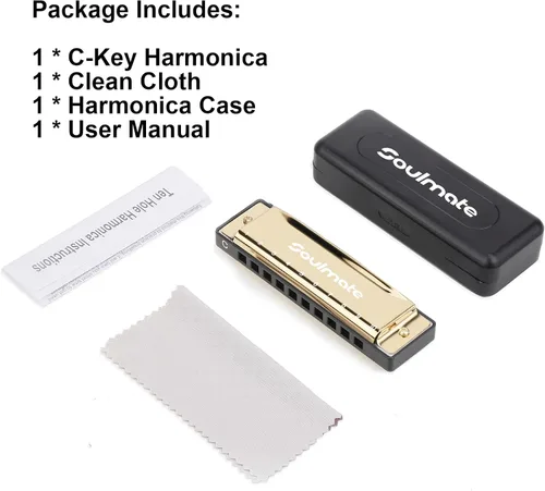 Miniatura 5 de Armónica Soulmate Blues Órgano de Boca 10 Agujeros 20 Tonos Clave de C con Estuche Armónica Diatónica para Estudiantes, Principiante, Jugador