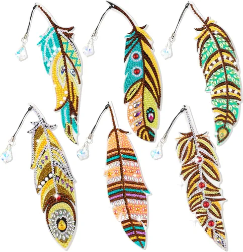 6 marcapáginas de plumas de pintura de diamantes 5D marcadores de arte de diamantes de hoja y pavo real con diamantes de imitación de plumas de pavo