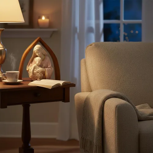 Miniatura 5 de Comfy Hour Figura de Virgen y el Niño de 10 pulgadas, estatua de niño de la Virgen María y Cristo con fondo de arco de aspecto de madera, acento