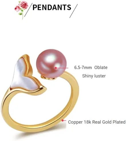 Miniatura 5 de Detalle Anillo de cola de sirena de ballena de la suerte de oro de 18 quilates 4A Embalaje de concha real Abierto Ajustable BlancoRosaRosa Púrpura