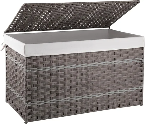 Miniatura 14 de OIAHOMY Cesta de almacenamiento con tapa, cesta de mantas de 42.3 galones (160L) con forro extraíble, cesta de mimbre sintético con asa, plegable