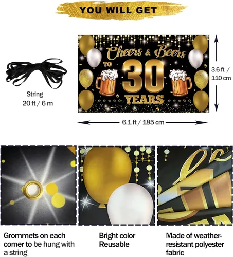 Miniatura 2 de Cartel de fondo de "Cheers & Beers to 30 Years", decoraciones de feliz cumpleaños 30 para hombres y mujeres, decoración de 30 aniversario