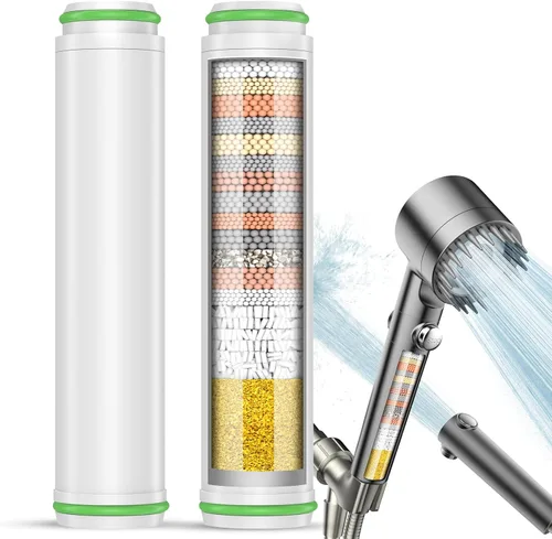 Pweran Filtro de ducha para cabezal de ducha de mano, paquete de 2 filtros de repuesto de 18 etapas para agua dura, elimina cloro y sustancias Blanco