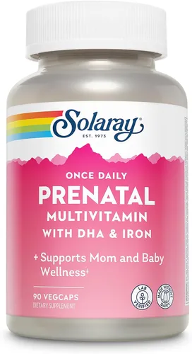SOLARAY Multivitamínico prenatal una vez al día con hierro y DHA, vitaminas prenatales y minerales para mujeres embarazadas, ayuda a la digestión