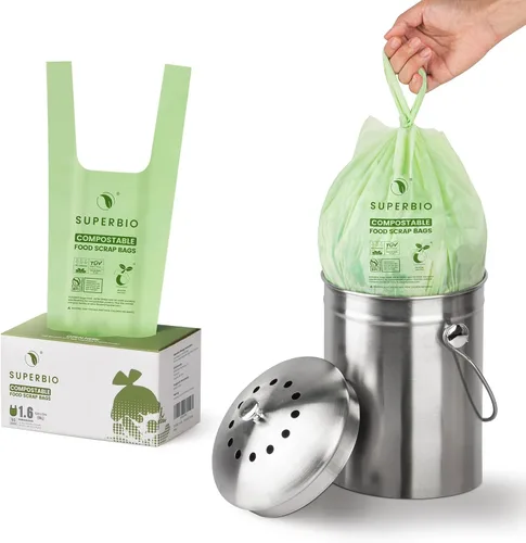 Miniatura 2 de SUPERBIO Bolsas Compostables para Restos de Comida con Asa de Corbata de 1.6 Galones Para Contenedor de Compost de Encimera, Bolsas Pequeñas de 50
