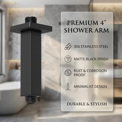 Miniatura 7 de Brazo de Ducha Negro Mate con Brida de Acero Inoxidable Cuadrado para Montaje en Techo, Tubo de Extensión de Ducha para Cabezal de Lluvia, 4 pulgadas