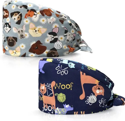 niaahinn 2 gorras quirúrgicas ajustables con botón y banda para el sudor, de algodón, con lazo en la espalda, para hombres y mujeres (22037-22054)