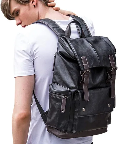 Miniatura 6 de HuaChen Mochila para portátil de cuero PU,Mochila de viaje vintage para la universidad,Mochilas casuales grandes para hombres - YZ11_Negro
