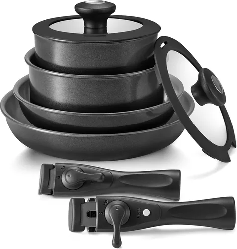 BEZIA Utensilios de cocina de inducción con revestimiento de cerámica saludable, juego de ollas y sartenes antiadherentes, 10 piezas con asas