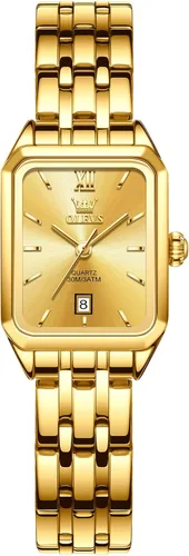 Miniatura 11 de OLEVS Reloj de mujer de oro de acero inoxidable, reloj de cara cuadrada pequeña con decoración de diamantes, reloj de vestir de cuarzo analógico