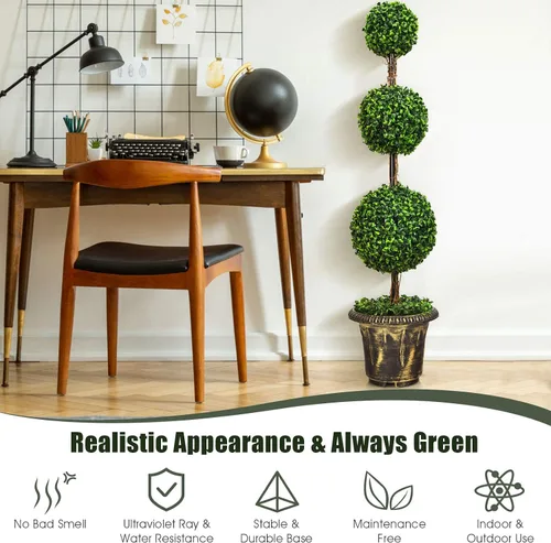 Miniatura 4 de Árbol artificial de boj de 4 pies, bolas triples Topiary en maceta de plástico rellena de cemento, plantas sintéticas para porche delantero, sala