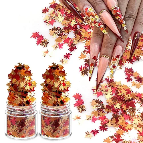 Nail Art - Escamas de hoja de arce con purpurina de 0.71 oz de hojas de otoño metálicas 3D en forma de hoja de arce rojo, amarillo y naranja, diseño