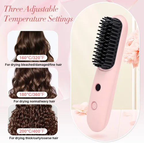 Miniatura 4 de Cepillo alisador de pelo inalámbrico, 2 en 1, portátil, recargable, alisador de pelo, para viajes, mini cepillo eléctrico negativo de calor rápido