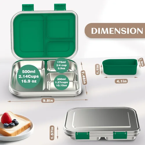 Miniatura 5 de BABHAMNESS Lonchera Bento de acero inoxidable para niños, 3 compartimentos a prueba de fugas, lonchera Bento de metal, contenedores de almuerzo Verde