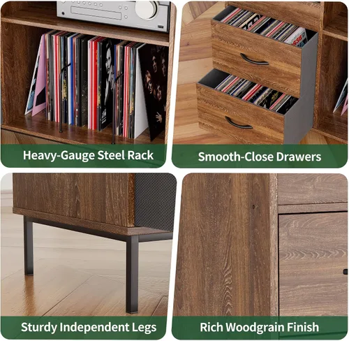 Miniatura 4 de Soporte para tocadiscos con almacenamiento para más de 500 álbumes, estante y cajones modernos de mediados de siglo, consola de audio de madera