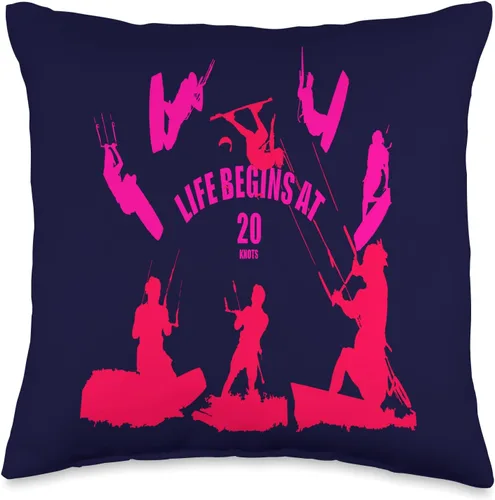 Kitesurf Gifts and Surf Lover Tees by taiche Kiting Life Begins at Twenty Knots Kitesurfer Fun Quote 3 Throw Pillow, 16x16, Multicolor