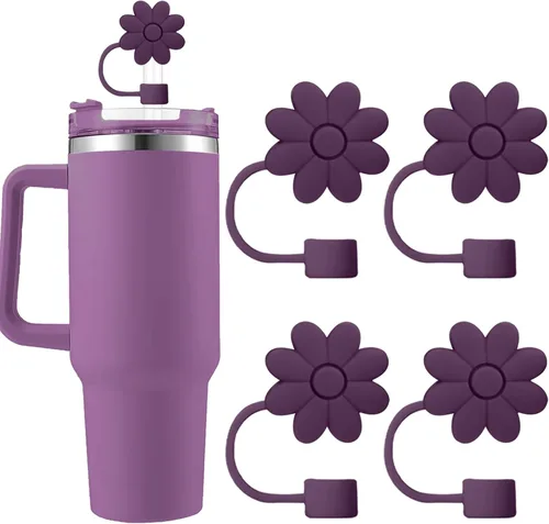 Miniatura 8 de 6 fundas de silicona para popotes Stanley Cups de 30 y 40 onzas, tapas de paja de flores a prueba de polvo, protectores reutilizables para popotes