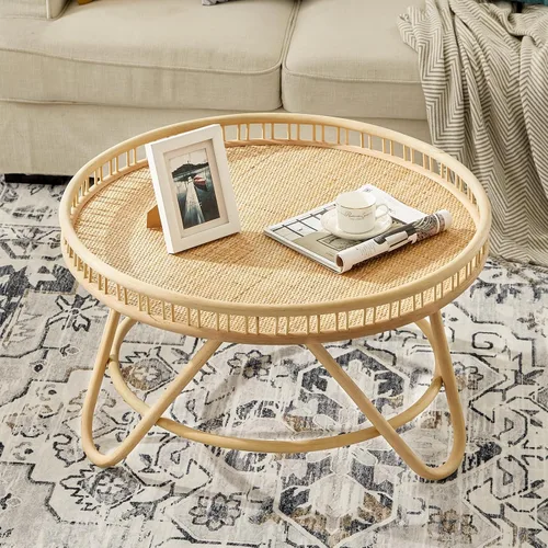 Miniatura 9 de FINECASA Mesa de centro redonda de ratán bohemio, tejida a mano, estilo moderno, mesa de centro redonda de mimbre para sala de estar, 32 x 18 Marrón