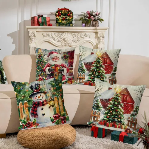 Miniatura 4 de Juego de 4 fundas de almohada de Navidad, muñeco de nieve, Papá Noel, Derr, decoración de Navidad, para el hogar, sofá, sala de estar, funda