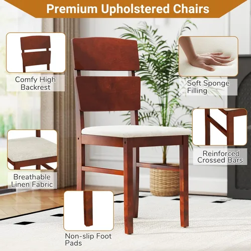Miniatura 4 de Giantex Juego de mesa de comedor de 5 piezas para 4, mesa de comedor rectangular de granja con 4 sillas tapizadas, respaldo alto curvo, patas