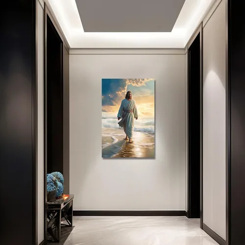 Miniatura 3 de LZIMU Lienzo decorativo para pared, diseño de Jesús caminando en la playa, póster de Dios, obra de arte católica para habitación espiritual