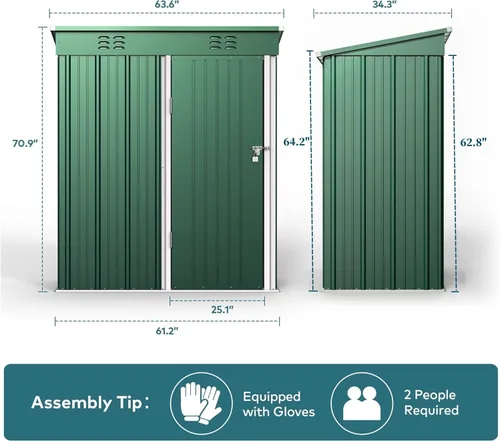 Miniatura 8 de Gizoon Cobertizo de almacenamiento al aire libre de 5 x 3 pies con puerta única con cerradura, cobertizo de metal galvanizado con ventilación