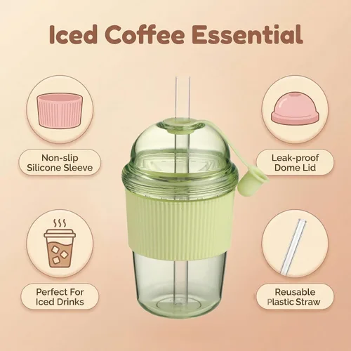 Miniatura 2 de Tazas de café reutilizables con tapas y pajitas de 14 onzas, vaso Boba con pajilla, vaso a prueba de fugas con funda de silicona para bebidas frías