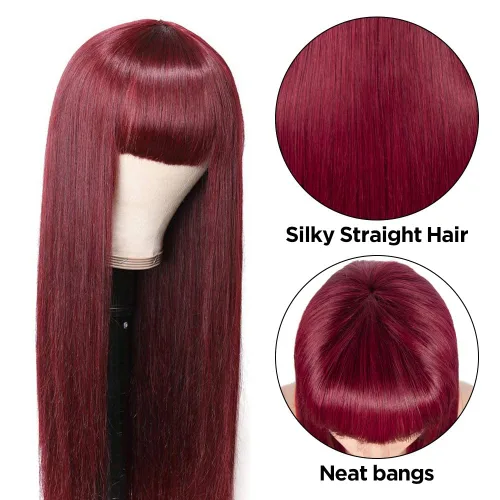 Miniatura 3 de Pelucas de cabello humano lacio hechas a máquina con flequillo, color borgoña #99J, sin pegamento, hechas a máquina, sin encaje frontal