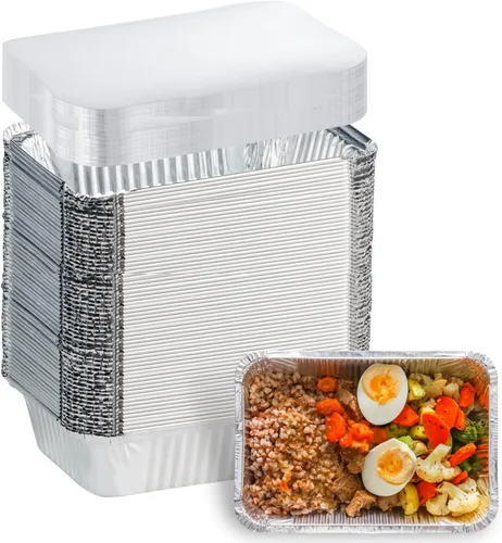 Miniatura 9 de Sartenes de aluminio con tapas (paquete de 50 unidades, 8.5 x 6 pulgadas), recipientes de alimentos de aluminio de 2.25 libras con tapas, 50