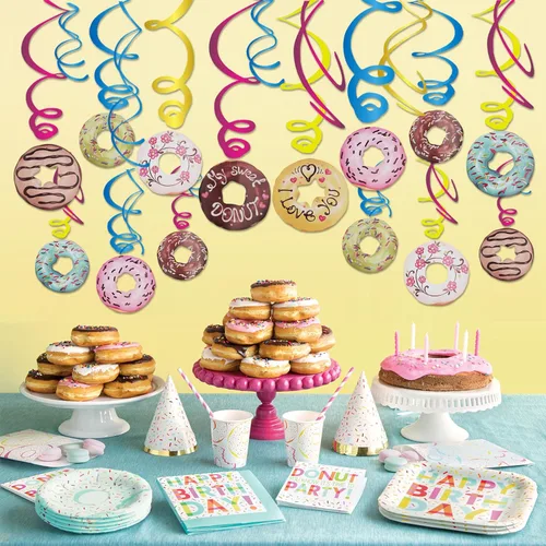 Miniatura 7 de 30 piezas de donas colgantes de remolino, bonita decoración de fiesta de donas, serpentinas colgantes de techo para fiesta de cumpleaños, fiesta