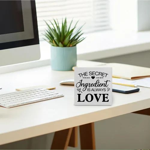 Miniatura 4 de Letrero de madera rústica para cocina, decoración de escritorio, con texto en inglés "The Secret Ingredient Is Always Love", letrero de bloque