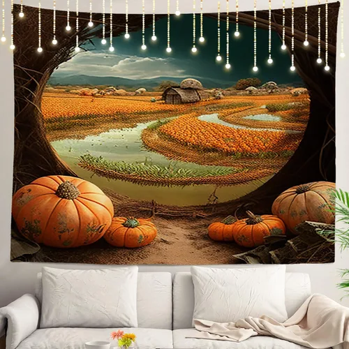 Miniatura 28 de Shrahala Tapiz de pared con paisaje de lago de otoño, bosque amarillo, para colgar en la pared, tapiz grande, decoración de fibra de poliéster