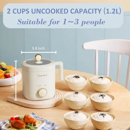 Miniatura 5 de TOPWIT Arrocera pequeña, mini olla arrocera para 2 tazas sin cocinar, arrocera portátil de 1.2 litros con revestimiento antiadherente, sin BPA, Beige