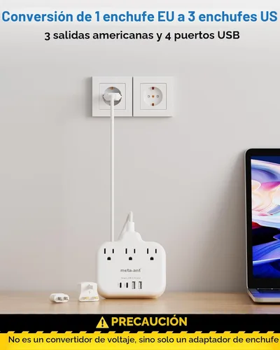 Miniatura 4 de Adaptador de enchufe de viaje europeo, adaptador de enchufe estadounidense a europeo con 3 tomas de corriente americanas y 4 USB, cable