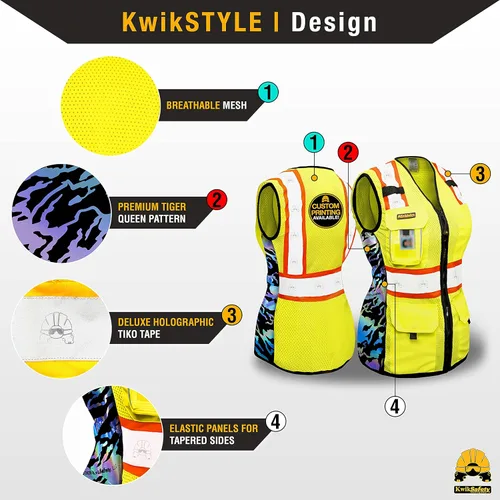 Miniatura 3 de KwikSafety - Charlotte, NC - Chaleco de seguridad para mujer, tiras reflectantes de alta visibilidad, cumple con ANSI y OSHA Amarillo (Tiger Queen)