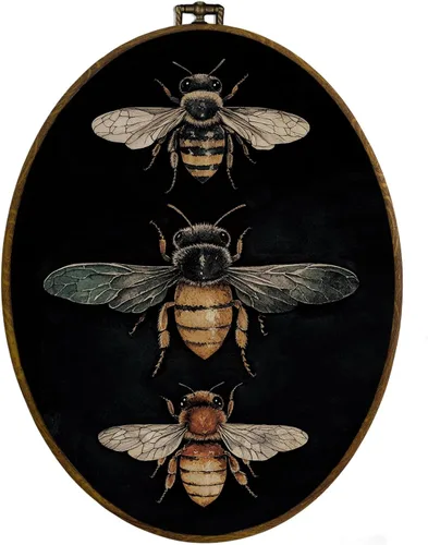 dvhdajed Arte de Pared Oval Moody Bee, Decoración de Abejas, Arte de Lienzo Enmarcado de Abejas Vintage, Decoración Colgante de Pared Oval de Abejas