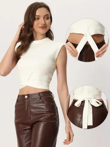 Miniatura 2 de Allegra K Chaleco de suéter sin mangas para mujer, casual, atado en la espalda, camiseta sin mangas recortada