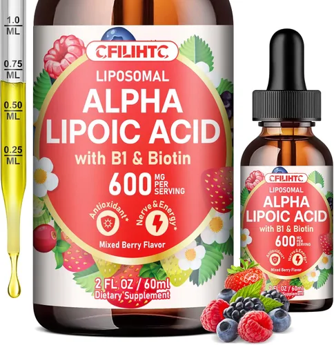CFILIHTC Gotas de ácido alfa lipoico liposomal de 600 mg - Suplemento líquido de ácido alfa lipoico con biotina y vitamina B1 - Apoya antioxidante,