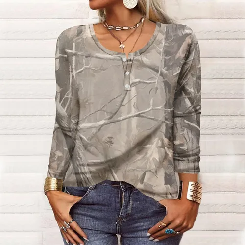 Miniatura 4 de Holiday Outfits for Women 2023 V Neck Button Down T Shirts Printing Long Sleeve Pullover Tops Hide Belly Outfit