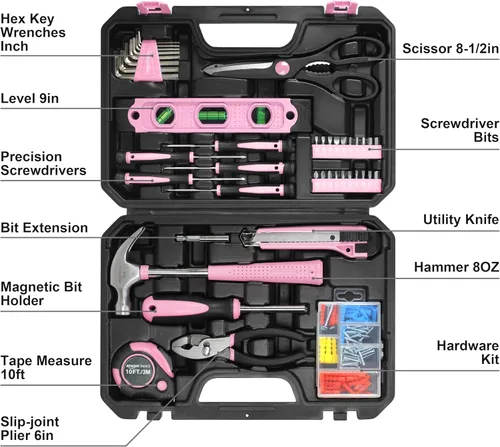 Miniatura 3 de Amazon Basics Kit de herramientas para el hogar con estuche de almacenamiento, 142 piezas, rosa, 13.39 x 9.25 x 2.95 pulgadas