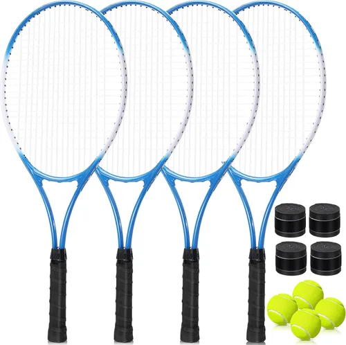 Miniatura 7 de Paquete de 4 raquetas de tenis para adultos, recreativas, para 4 jugadores, raquetas de tenis preencordadas de 27 pulgadas, raquetas de tenis