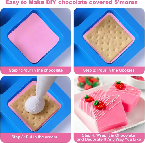 Miniatura 5 de Sidosir 3 moldes cubiertos de chocolate para galletas S'mores, moldes cuadrados de 6 cavidades de silicona para Smores, molde antiadherente de Azul