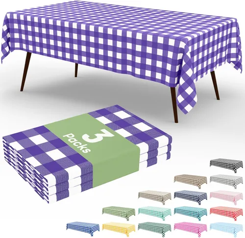 Miniatura 96 de Smiry Paquete de 3 Manteles Desechables de Cuadros Gingham Color Caqui - 54" x 72" Mantel de Plástico de Servicio Pesado, Cubiertas de Mesa