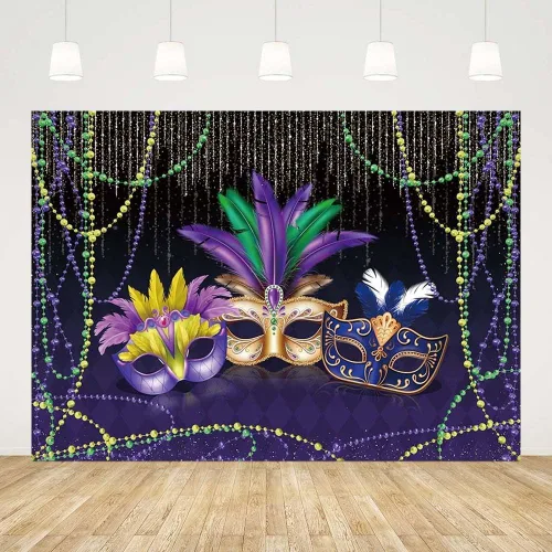 AIBIIN Telón de fondo de Mardi Gras de 8 x 6 pies, máscara de baile de máscaras, fotografía de fondo, máscara de cuentas con purpurina colorida de