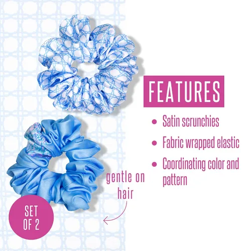 Miniatura 4 de Lilly Pulitzer Juego de 2 coleteros azules, paquete de 2 bandas elásticas de satén, lindas cintas para el cabello para mujeres y niñas, Soleil It On