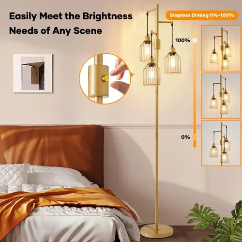 Miniatura 2 de Lámpara de Pie Regulable para Sala de Estar, Lámparas de Pie de Estilo Rústico con Elegante Jaula Colgante, 3 Bombillas LED Edison Incluidas, Luz