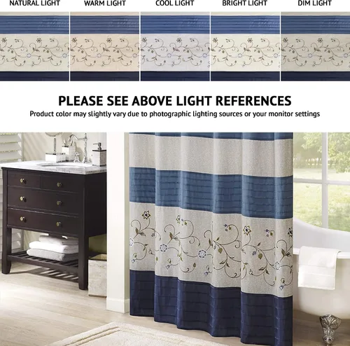 Miniatura 5 de Madison Park Serene Cortina de ducha de seda sintética bordada floral lavable a máquina, decoración moderna de baño para el hogar, azul marino, 72x72