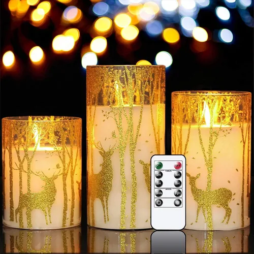 GenSwin Velas de cristal sin llama parpadeantes con decoración de ciervos y temporizadores remotos, luz LED de mecha móvil a pilas, juego de 3 velas