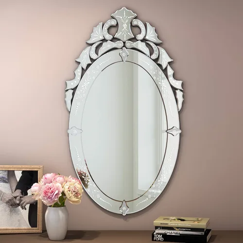 KOHROS Espejo Ovalado para Baño de 42" x 24" Espejo Veneciano con Corona Superior Floral Grabada Sin Marco Espejo Decorativo de Pared para Tocador