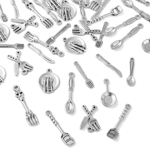 Miniatura 7 de Ipotkitt 100 dijes de vajilla de estilo vintage, cuchara, cuchillo, tenedor, dijes antiguos de cocina para manualidades, joyería, accesorios